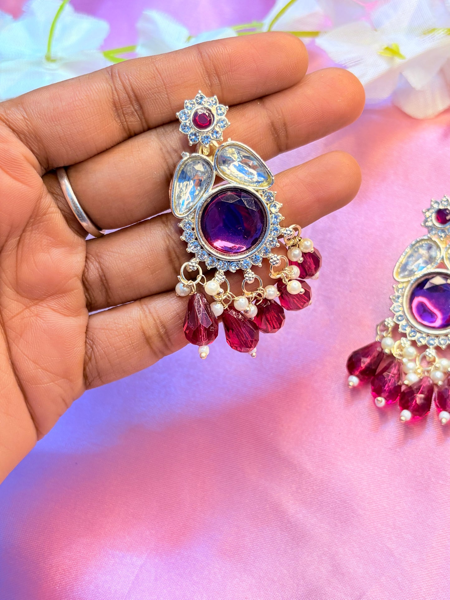 Earrings with purple gemstones and PURPLE beads
