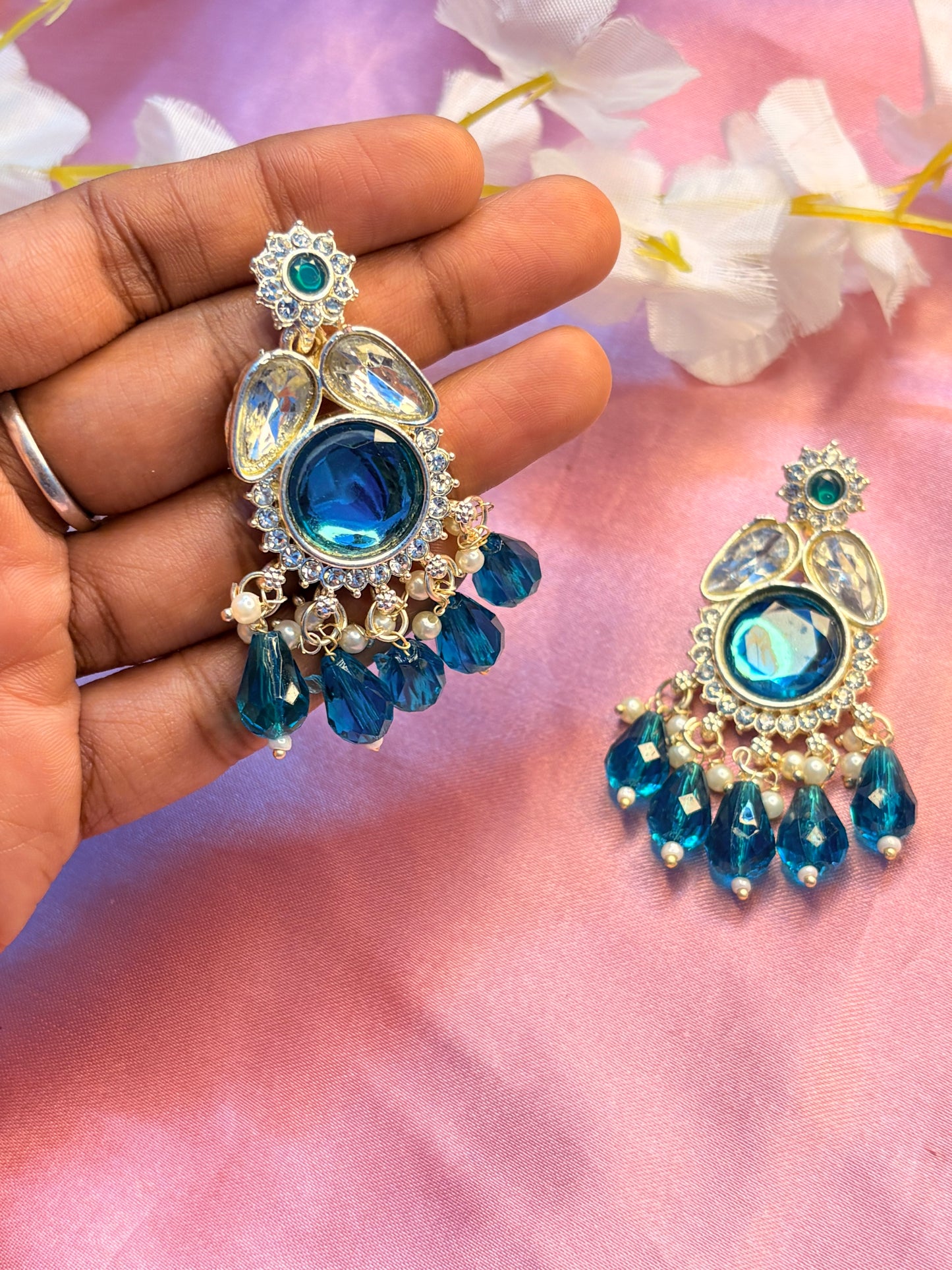 Pair of blue gemstone and blue beads earrings