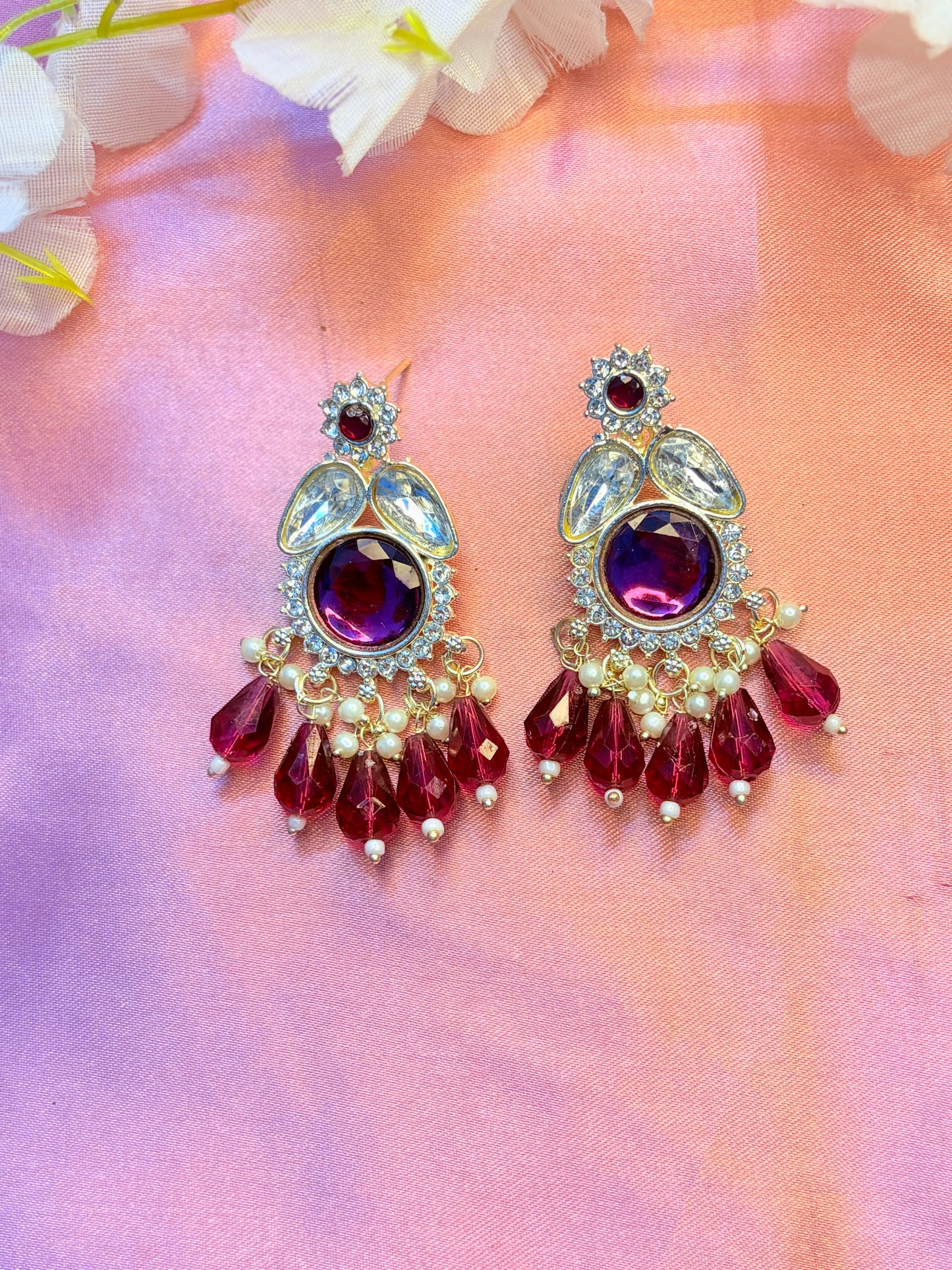 Earrings with purple gemstones and PURPLE beads