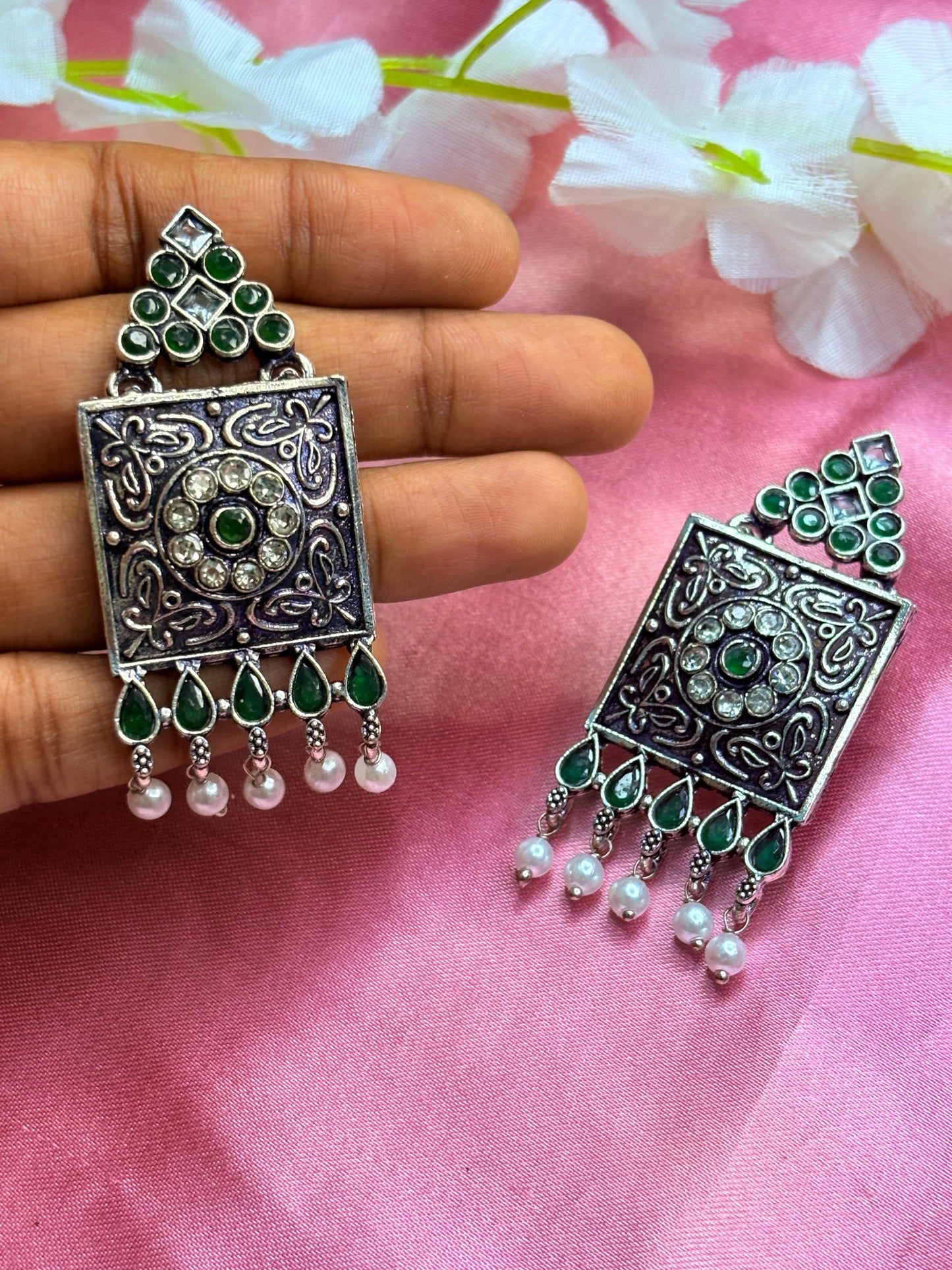 Green Stone With Pearls Earrings