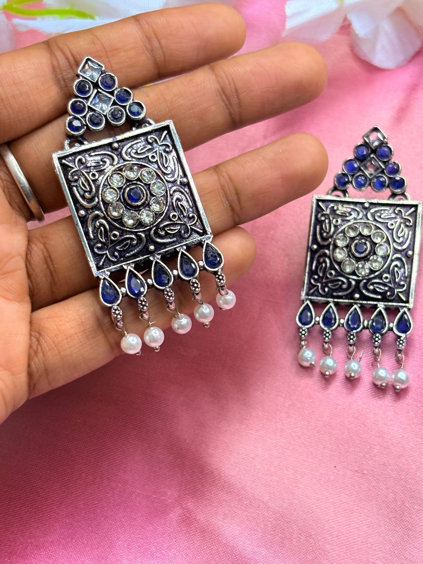 Blue Gemstones with pearls earrings