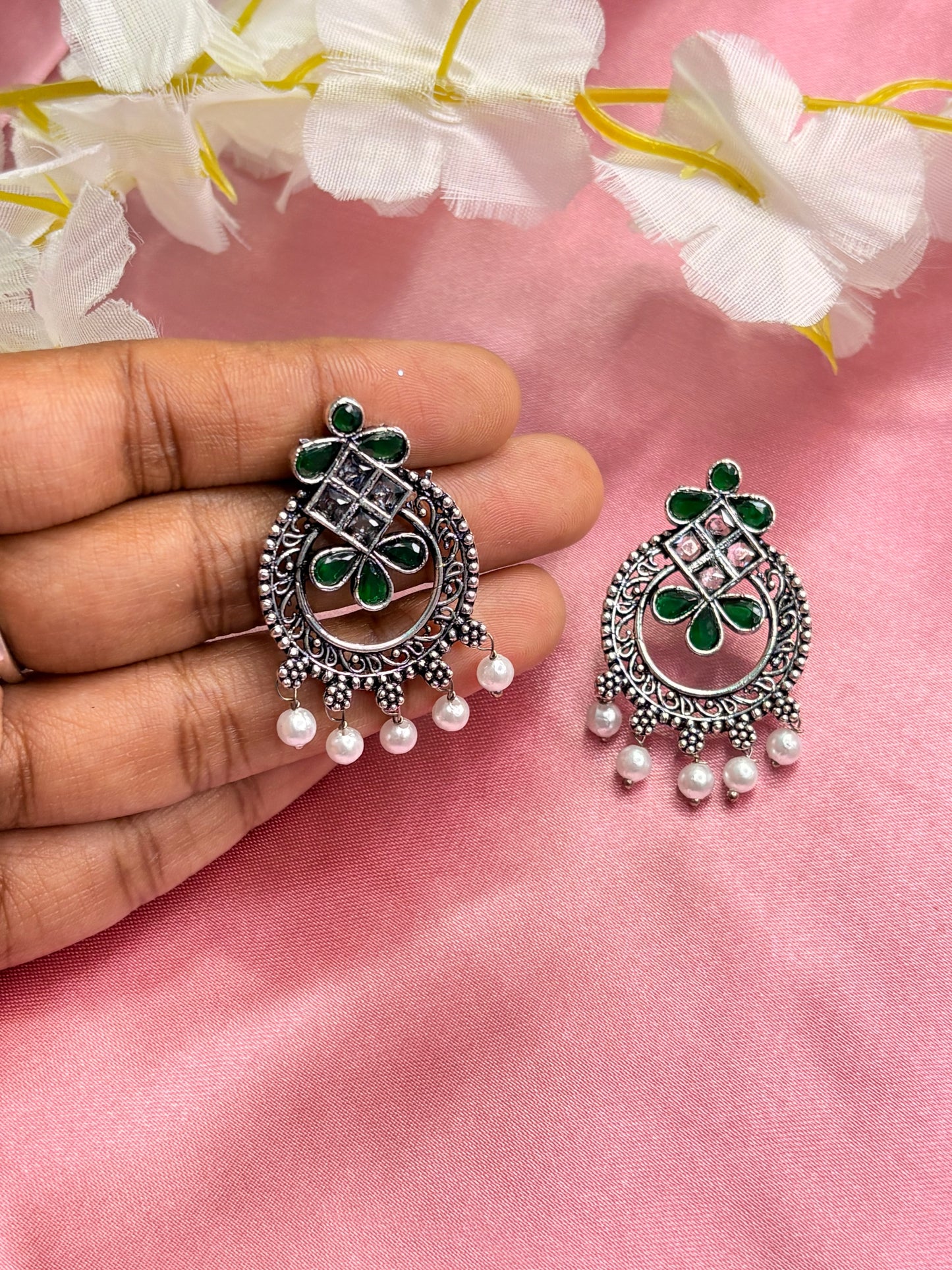 Green Gemstones with pearls earrings