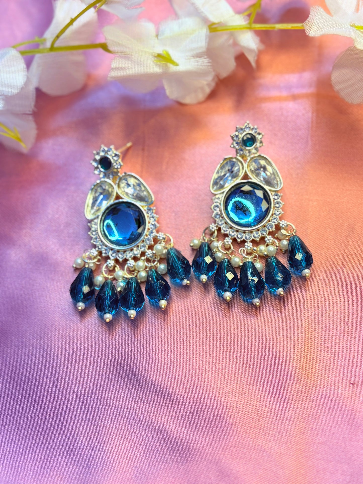 Pair of blue gemstone and blue beads earrings