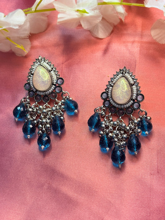 Shiny pendant with blue Beards earrings